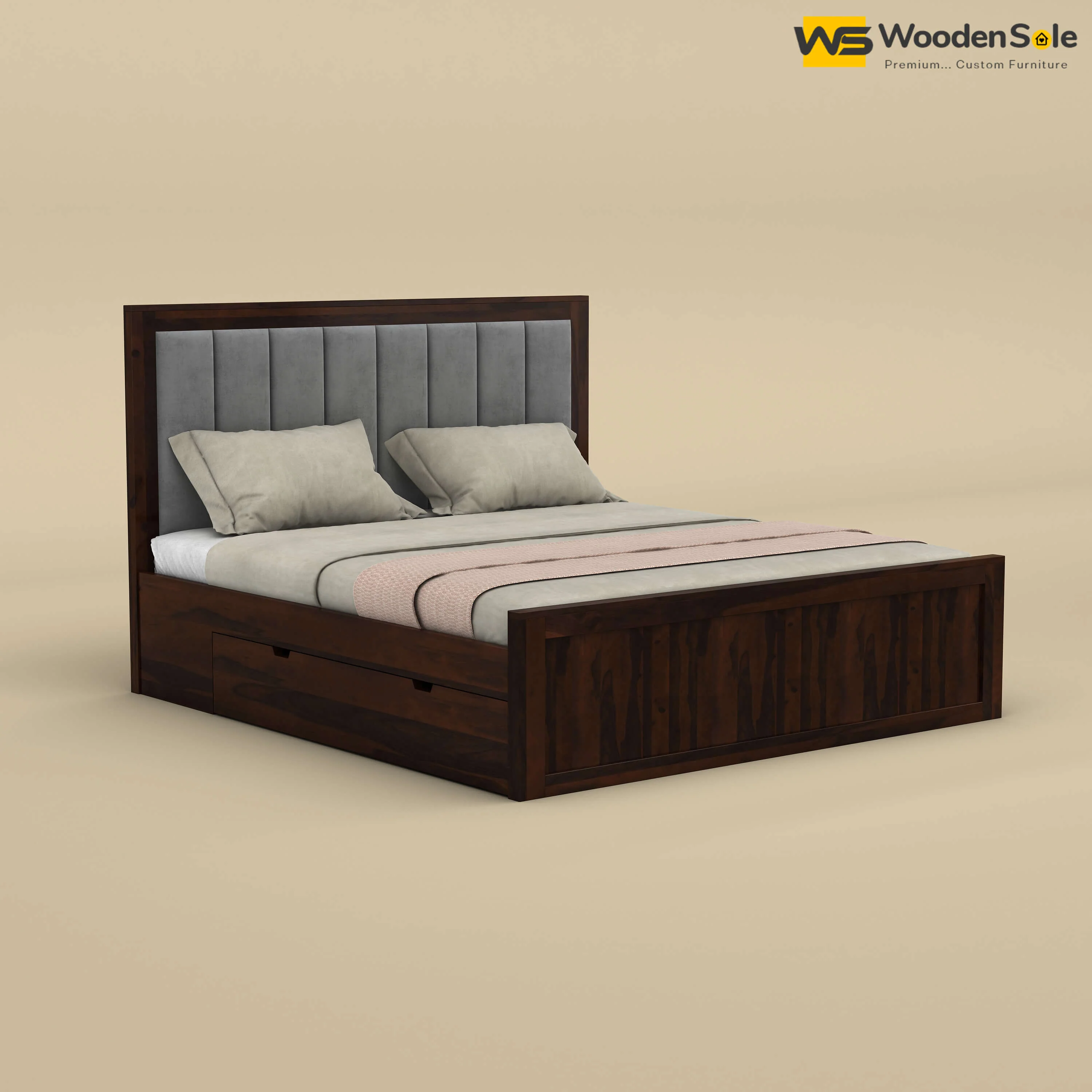 Hamza Drawer Storage Bed (Queen Size, Walnut Finish)