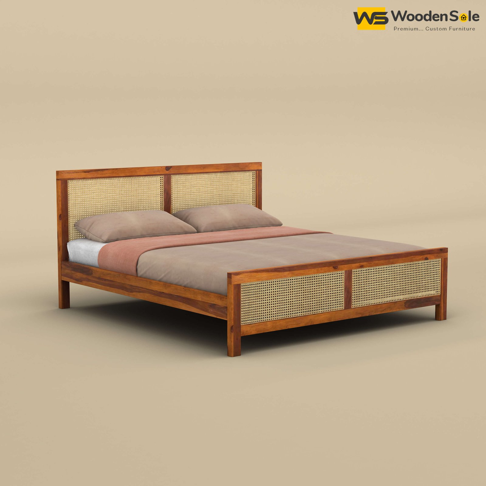 Mid Century Cane Wooden Bed (Queen Size, Honey Finish)