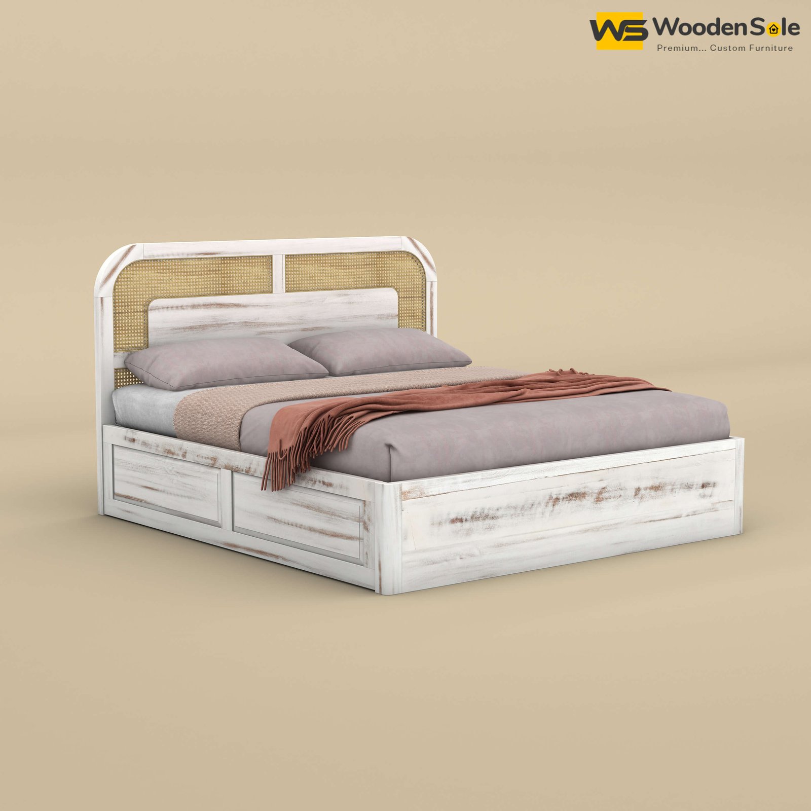 Modern Cane Box Storage Bed (Queen Size, Distress Finish)