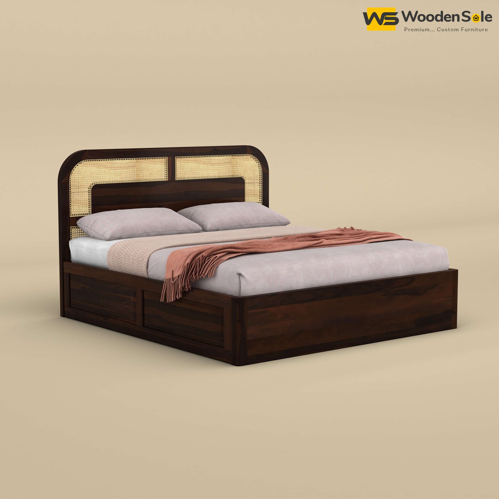 Modern Cane Box Storage Bed (Queen Size, Walnut Finish)