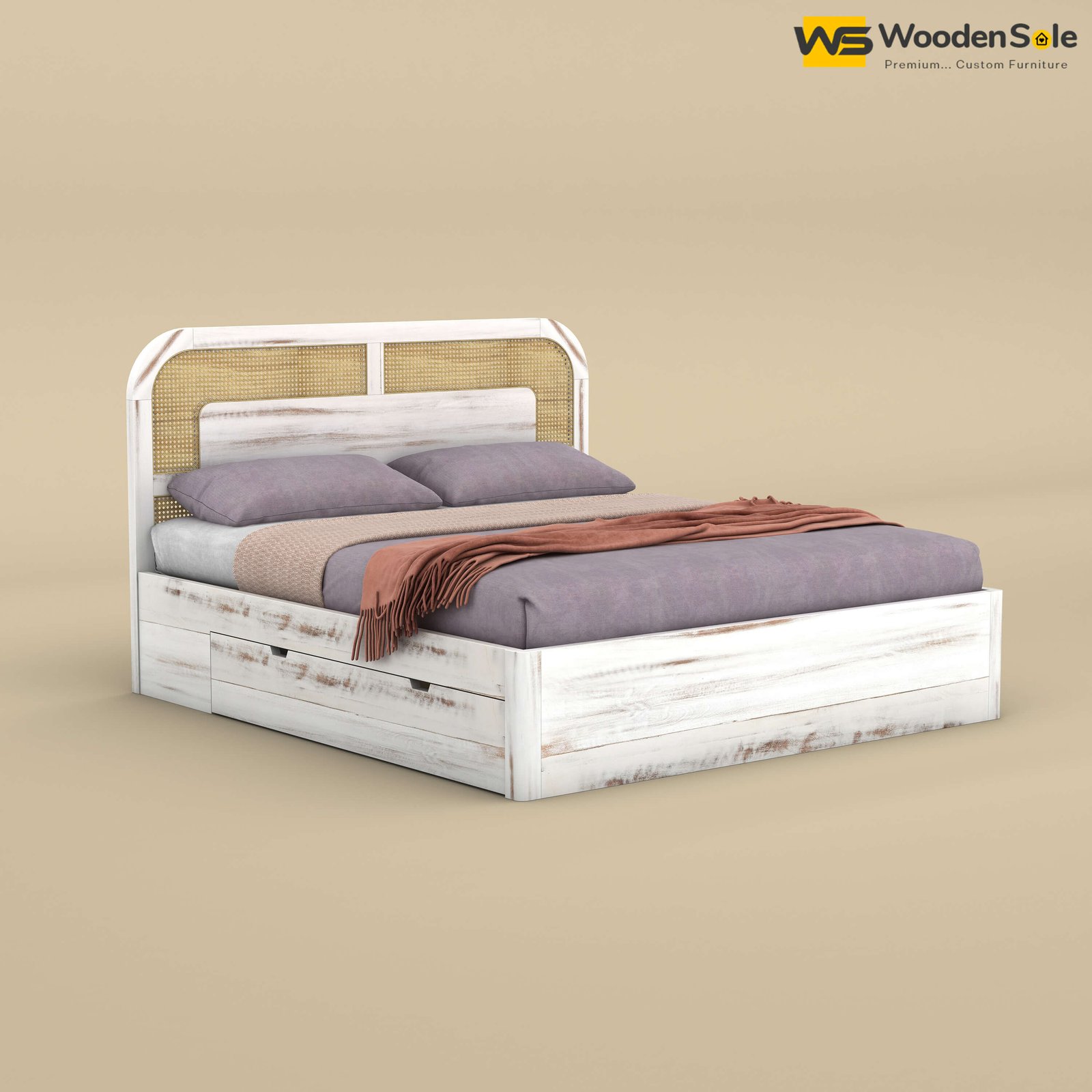Modern Cane Drawer Storage Bed (Queen Size, Distress Finish)