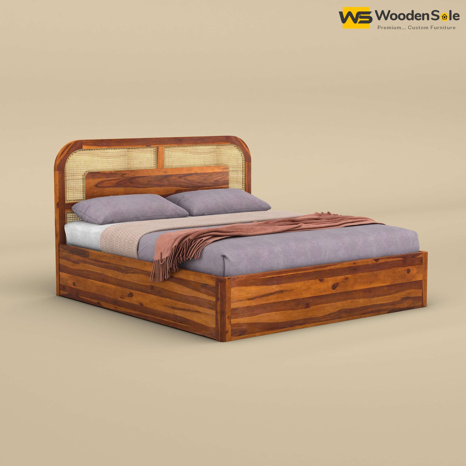 Modern Cane Hydraulic Storage Bed (King Size, Honey Finish)