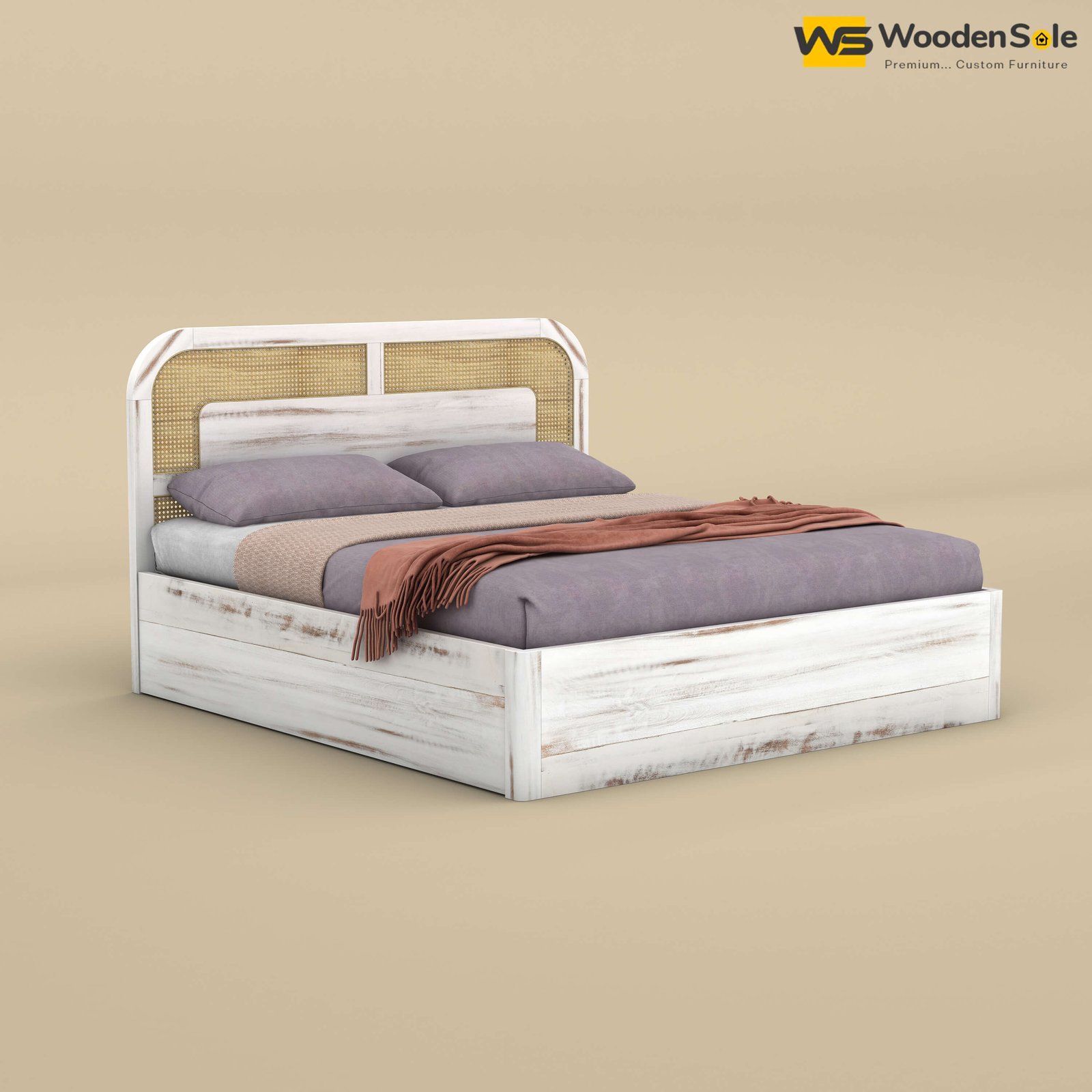 Modern Cane Hydraulic Storage Bed (Queen Size, Distress Finish)