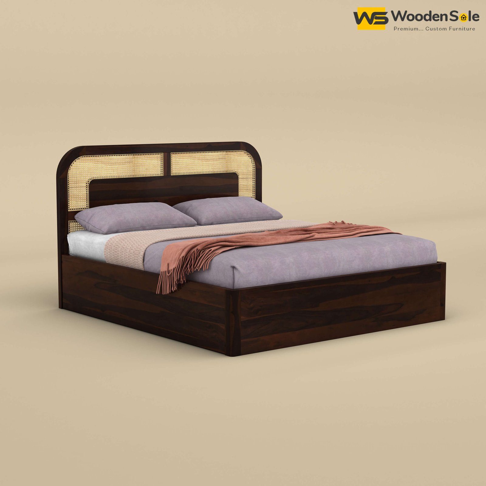 Modern Cane Hydraulic Storage Bed (Queen Size, Walnut Finish)