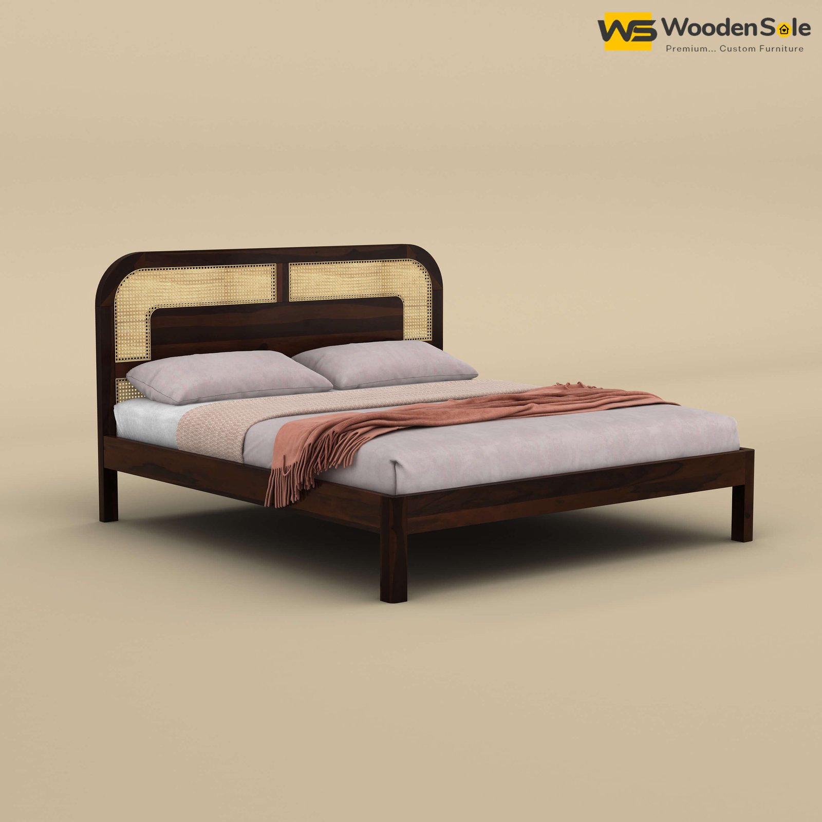 Modern Cane Without Storage Bed (Queen Size, Walnut Finish)